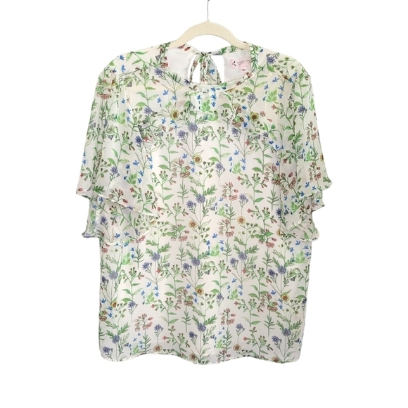 Nanette by Nanette Lepore Flutter Sleeve White & Green Floral Blouse Womens 1/1X - Picture 1 of 8